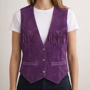 Vintage Purple Suede leather Fringe Western Vest festival boho